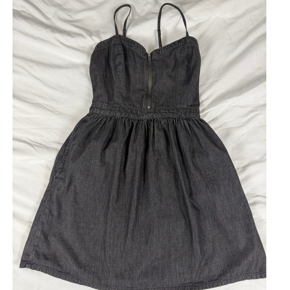 Vans Grey Chambray Mini Dress Small Cotton Zip Front Smocked Back Skater Style